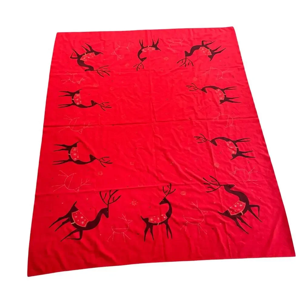 California Hand Prints Reindeer Tablecloth 52x66 Inches Red Christmas Cotton